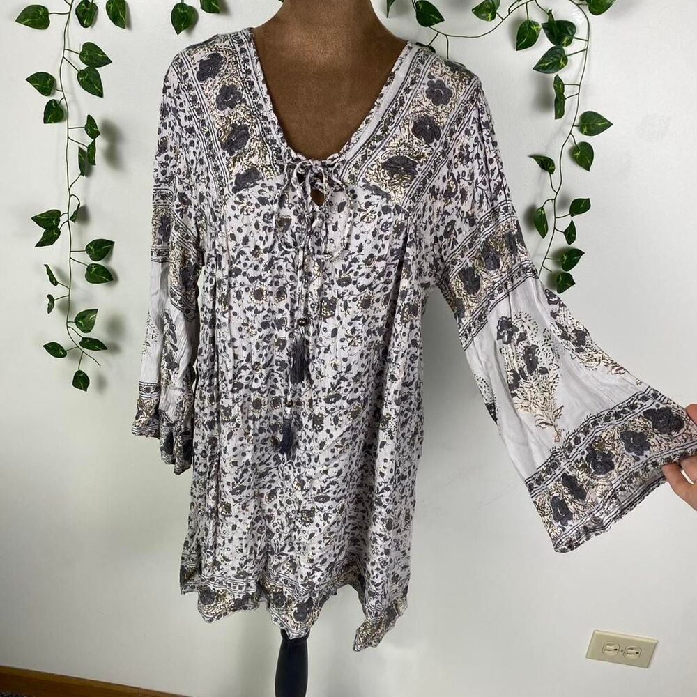 Angie hippie bell sleeve mini dress tassel lace up floral cottage peasant boho